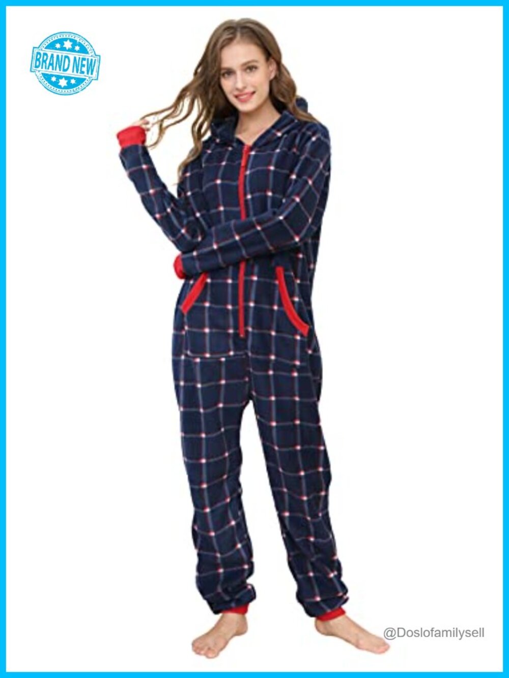 Unisex Plaid Hooded Cozy One-Piece Pajama Jumpsuit Zip Front